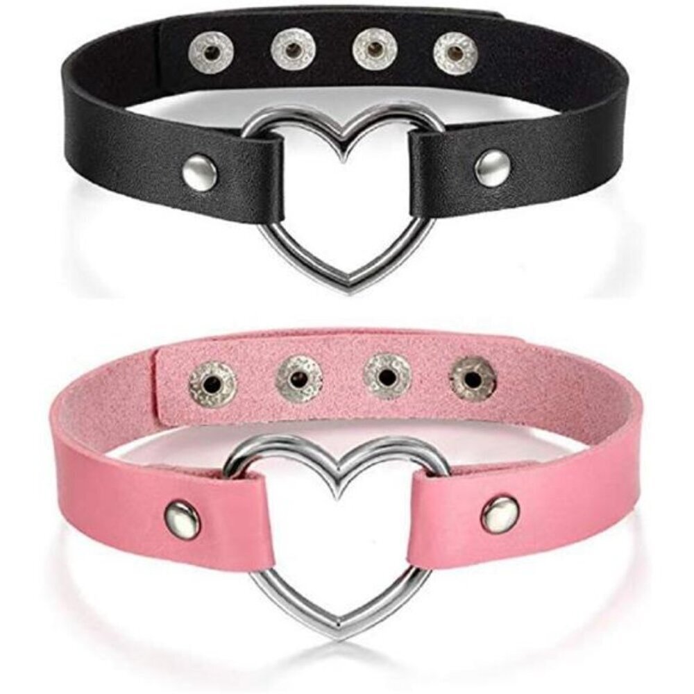 Adjustable Heart Choker Set – Black and Pink Faux Leather Punk Gothic Necklaces